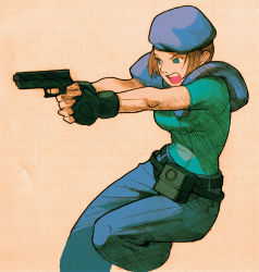 Rule 34 | 1girl, :o, angry, armor, belt, belt pouch, bengus, beret, blue eyes, brown hair, capcom, denim, fighting stance, fingerless gloves, gloves, gun, handgun, hat, jeans, jill valentine, leg lift, looking away, marvel, marvel vs. capcom, marvel vs. capcom 2, official art, open mouth, outstretched arm, pants, pistol, police, police uniform, policewoman, pouch, profile, resident evil, resident evil 1, scan, short hair, simple background, sketch, solo, uniform, weapon