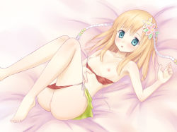 Rule 34 | 1girl, :o, aqua eyes, armpits, bad id, bad pixiv id, bare shoulders, barefoot, bed, bed sheet, bikini, bikini pull, blonde hair, blush, breasts, breasts out, cleft of venus, clothes pull, collarbone, feet, female focus, hair ornament, harvest moon, highres, legs, long hair, looking at viewer, lying, nipples, ohirune, on back, open mouth, pussy, rune factory, rune factory 3, sia (rune factory), side-tie bikini bottom, small breasts, solo, swimsuit, toes, uncensored, untied