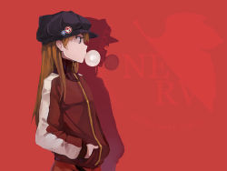Rule 34 | 10s, 1girl, bad id, bad pixiv id, blue eyes, brown hair, blowing bubbles, chewing gum, evangelion: 3.0 you can (not) redo, hands in pocket, hands in pockets, hao (patinnko), hat, jacket, neon genesis evangelion, nerv, profile, rebuild of evangelion, red background, shadow, solo, souryuu asuka langley, track jacket