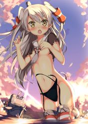 Rule 34 | 10s, 1girl, amatsukaze (kancolle), bad id, bad pixiv id, blush, breasts, brown eyes, garter straps, hair tubes, highres, kantai collection, kantoku (style), kawai (purplrpouni), long hair, looking at viewer, navel, nipple slip, nipples, open mouth, panties, rensouhou-kun, school uniform, silver hair, small breasts, striped clothes, striped thighhighs, thighhighs, torn clothes, torn legwear, torn panties, twintails, two side up, underwear