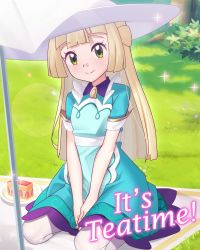 Rule 34 | 1girl, blanket, blonde hair, blush, bush, cake, closed mouth, commentary request, creatures (company), day, dress, english text, eyelashes, food, game freak, gazing eye, grass, green dress, green eyes, hat, highres, knees, lens flare, light rays, lillie (pokemon), lillie (special costume) (pokemon), long hair, looking at viewer, nintendo, official alternate costume, outdoors, own hands together, pantyhose, plate, pokemon, pokemon masters ex, short sleeves, sitting, smile, solo, split mouth, tree, umbrella, white hat, white pantyhose