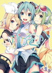 Rule 34 | 3girls, ahoge, arm tattoo, belt, blonde hair, copyright name, detached sleeves, goggles, goggles on head, green eyes, green hair, gumi, hair ornament, hairclip, hatsune miku, headphones, highres, kagamine rin, long hair, multiple girls, necktie, open mouth, red-tinted eyewear, shiomizu (swat), skirt, smile, tattoo, thighhighs, tinted eyewear, v, very long hair, vocaloid, wrist cuffs, yellow background