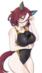 Rule 34 | 1girl, absurdres, animal ears, bare shoulders, black one-piece swimsuit, breasts, brown hair, commentary request, cowboy shot, ear ornament, eyepatch, grin, hair between eyes, highres, horse ears, horse girl, horse tail, looking at viewer, medium breasts, miya nns35, multicolored hair, one-piece swimsuit, short hair, simple background, smile, solo, streaked hair, swimsuit, tail, tanino gimlet (umamusume), umamusume, unworn eyepatch, white background, white hair, yellow eyes
