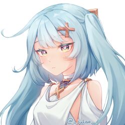 Rule 34 | 1girl, bare shoulders, blue hair, blush, breasts, commentary, dress, english commentary, faruzan (genshin impact), genshin impact, hair ornament, highres, julao, long hair, looking at viewer, simple background, small breasts, solo, twintails, upper body, white background, white dress, x hair ornament, yellow eyes
