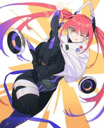 Rule 34 | 1girl, aiming, aiming at viewer, black bodysuit, blue hair, bodysuit, commentary request, earrings, finger gun, gradient hair, highres, jewelry, long hair, machi (wm), multicolored hair, one eye closed, original, red hair, ring, solo, stud earrings, tongue, tongue out, twintails, two-tone hair, very long hair, yellow eyes