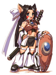 Rule 34 | 1girl, animal ears, black hair, blue eyes, breasts, full body, hand on own hip, hisahiko, long hair, medium breasts, scabbard, sheath, sheathed, shield, simple background, solo, standing, sword, very long hair, weapon, white background