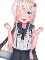 Rule 34 | 10s, 1girl, bad id, bad pixiv id, bare arms, blonde hair, blush, collarbone, flower, grey eyes, hair flower, hair ornament, highres, kantai collection, long hair, looking at viewer, neckerchief, no pants, one eye closed, open mouth, rerrere, ro-500 (kancolle), school swimsuit, school uniform, serafuku, shirt, simple background, sleeveless, sleeveless shirt, smile, solo, swimsuit, swimsuit under clothes, torpedo, very long hair