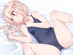 Rule 34 | 1girl, ai cao, ass, blonde hair, cameltoe, covered navel, fate/kaleid liner prisma illya, fate (series), hand on own chest, highres, illyasviel von einzbern, leg up, legs, lying, on side, one-piece swimsuit, red eyes, school swimsuit, solo, spread legs, swimsuit, two side up