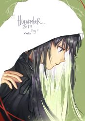 Rule 34 | 1girl, 2017, akemi homura, black hair, black ribbon, black shirt, cape, commentary, dated, english commentary, expressionless, grey background, hand up, highres, hood, hood up, hooded cape, long hair, looking down, mahou shoujo madoka magica, mahou shoujo madoka magica (anime), multicolored hair, parted lips, profile, purple eyes, red ribbon, ribbon, shirt, simple background, solo, straight hair, text focus, twitter username, two-tone hair, upper body, velahka, white cape, white hair