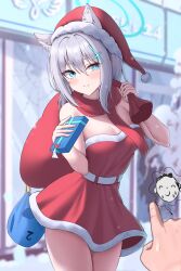 Rule 34 | 1boy, 1girl, animal ears, aqua eyes, doodle sensei (blue archive), blue archive, box, breasts, cleavage, dress, gift, gift box, grey background, grey hair, hair ornament, hat, highres, holding, holding gift, looking at viewer, medium breasts, pointing, red dress, red scarf, santa costume, santa dress, santa hat, scarf, sensei (blue archive), shiroko (blue archive), smile, sweater, x hair ornament