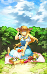 Rule 34 | 1girl, apple, barefoot, blonde hair, blue eyes, canteen, character doll, cloud, day, doll, food, fruit, ganondorf, hat, highres, link, long hair, muse (rainforest), nintendo, onigiri, pointy ears, princess zelda, smile, solo, stuffed animal, stuffed toy, sun hat, the legend of zelda, the legend of zelda: a link to the past