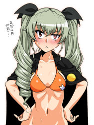 Rule 34 | 1girl, anchovy (girls und panzer), bikini, black cape, blush, breasts, cape, closed mouth, collarbone, drill hair, embarrassed, female focus, frown, girls und panzer, green hair, hair ornament, hair ribbon, hands on own hips, long hair, looking at viewer, navel, oosaka kanagawa, orange bikini, red eyes, ribbon, simple background, small breasts, solo, swimsuit, twin drills, twintails, upper body, white background