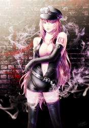 Rule 34 | 1girl, achikoako, breasts, brick wall, cigarette, cleavage, dated, elbow gloves, gloves, hat, large breasts, latex, leather, long hair, megurine luka, navel, pink hair, purple eyes, signature, solo, unzipped, very long hair, vocaloid