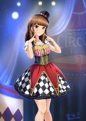 Rule 34 | 1girl, artist name, black hat, blunt bangs, braid, brown eyes, brown hair, checkered clothes, checkered dress, circus, closed mouth, commentary, commentary request, diesel-turbo, dress, drill hair, english commentary, fuchigami mai, hat, hat ornament, heart, highres, indoors, looking at viewer, medium dress, medium hair, mini hat, mini top hat, partial commentary, pointing, pointing at self, real life, red dress, short sleeves, signature, smile, solo, spotlight, standing, star (symbol), star hat ornament, tilted headwear, top hat, twitter username, underbust, voice actor