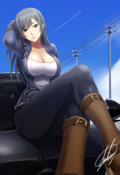 Rule 34 | 1girl, arm up, blue hair, boots, breasts, brown eyes, car, cleavage, crossed legs, darkmaya, jacket, large breasts, light smile, long hair, looking at viewer, low-cut, missile, motor vehicle, on vehicle, open clothes, open jacket, original, pants, power lines, shirt, signature, sitting, solo, tight clothes, tight pants, utility pole, vehicle