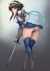 Rule 34 | 1girl, absurdres, ahoge, aqua hairband, aqua ribbon, arm ribbon, ass, blue thighhighs, breasts, bridal gauntlets, brown eyes, brown hair, chai xianghua, crossed legs, dress, full body, gradient background, hairband, hand on own hip, highres, holding, holding sword, holding weapon, johan (johan13), matching hair/eyes, microdress, namco, panties, ribbon, short hair, short hair with long locks, short sleeves, small breasts, solo, soul calibur, sword, thighhighs, thighs, tiptoes, twisted torso, underwear, watson cross, weapon, white panties