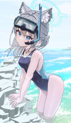Rule 34 | 1girl, absurdres, animal ear fluff, animal ears, black one-piece swimsuit, blue archive, blue eyes, blue sky, breasts, capry, cloud, competition swimsuit, covered navel, cross hair ornament, day, diving mask, diving mask on head, extra ears, goggles, goggles on head, grey hair, hair ornament, halo, highres, horizon, leaning forward, low ponytail, medium breasts, medium hair, mismatched pupils, multicolored clothes, multicolored swimsuit, ocean, official alternate costume, one-piece swimsuit, outdoors, rock, shiroko (blue archive), shiroko (swimsuit) (blue archive), sky, snorkel, solo, standing, swimsuit, wading, water, wolf ears