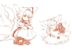 Rule 34 | 1girl, animal ears, arknights, braid, braided hair rings, closed eyes, closed mouth, dress, earpiece, fox ears, fox girl, fox tail, hair rings, hairband, highres, holding, holding stuffed toy, hugging object, kitsune, kyuubi, monochrome, multiple tails, multiple views, niwatori (akira 207), open mouth, short hair, simple background, stuffed animal, stuffed toy, suzuran (arknights), tail, teddy bear, twin braids, white background