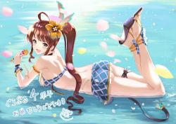 Rule 34 | 1girl, :d, ahoge, aiu eo, armlet, ass, bad id, bad pixiv id, bare shoulders, bikini, blue skirt, blush, bracelet, breasts, brown eyes, brown hair, crossed ankles, diantha (granblue fantasy), flower, from side, full body, granblue fantasy, hair flower, hair ornament, hibiscus, high heels, highres, holding, holding microphone, jewelry, legs up, long hair, looking at viewer, looking to the side, lying, medium breasts, microphone, mismatched bikini, on stomach, open mouth, petals, plaid, plaid skirt, santa costume, shallow water, side ponytail, sideboob, sidelocks, skirt, smile, solo, swimsuit, tareme, thigh strap, thong, translation request, water, white bikini, wrist cuffs