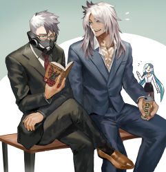 Rule 34 | 1girl, 2boys, alternate costume, bench, black pants, black skirt, blue hair, book, brown footwear, brynhildr (fate), canking, contemporary, cropped legs, crossed legs, fate/grand order, fate (series), formal, glasses, green eyes, grey hair, highres, holding, holding book, long hair, mask, multicolored hair, multiple boys, necktie, pants, pencil skirt, reading, red neckwear, shoes, siegfried (fate), sigurd (fate), sitting, skirt, suit, two-tone hair, white hair