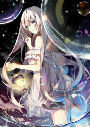 Rule 34 | 1girl, bad id, bad pixiv id, bare shoulders, bubble, closed mouth, dress, fisheye, from side, grey eyes, grey hair, hair between eyes, hand up, highres, holding, kouyafu, lantern, long hair, looking at viewer, looking back, night, ok sign, original, outdoors, partially underwater shot, pursed lips, solo, sparkle, thighs, very long hair, wading, white dress