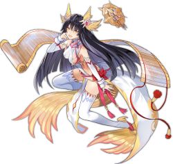 Rule 34 | 1girl, :d, ark order, artist request, bare shoulders, black hair, bow, breasts, detached sleeves, dress, feather hair ornament, feathers, full body, hair ornament, head wings, large breasts, long hair, looking at viewer, official art, open mouth, pelvic curtain, red bow, scroll, side slit, sideboob, sidelocks, sleeve cuffs, smile, solo, tachi-e, thighhighs, transparent background, v-shaped eyebrows, very long hair, waist bow, white dress, white thighhighs, wings, xuannu (ark order), yellow eyes