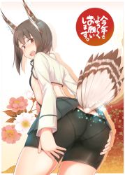 Rule 34 | 10s, 1girl, animal ears, ass, bike shorts, black shorts, blush, brown hair, cowboy shot, crop top, embarrassed, flat chest, floral background, foreshortening, from behind, hands on own ass, highres, kantai collection, kemonomimi mode, leaning forward, lifted by tail, light particles, long sleeves, looking back, open mouth, osterei, panties, panties under bike shorts, pantylines, pleated skirt, raised eyebrows, red eyes, shirt, short hair, shorts, skin tight, skirt, solo, standing, taihou (kancolle), tareme, translation request, underwear, upskirt, white shirt