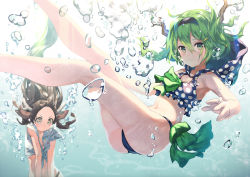 Rule 34 | 2girls, air bubble, antlers, armpits, bare arms, bare legs, bikini, black bikini, black hair, blue bikini, bow, breasts, brown eyes, bubble, closed mouth, covering crotch, covering privates, eyelashes, freediving, frills, front-tie top, green bow, green eyes, green hair, hair between eyes, hair ornament, hairband, hairclip, holding breath, hood, hood down, horns, long hair, looking at viewer, looking down, medium breasts, multiple girls, navel, original, outstretched arms, polka dot, polka dot bikini, shade, shirt, stomach, submerged, swimming, swimsuit, tied shirt, underwater, white shirt, yoo (tabi no shiori)
