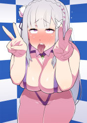 Rule 34 | 1girl, ahegao, blush, breasts, breasts squeezed together, checkered background, cowboy shot, detached collar, double v, embarrassed, emilia (re:zero), full-face blush, groin, highres, large breasts, legs, long hair, looking at viewer, open mouth, pink eyes, re:zero kara hajimeru isekai seikatsu, slingshot swimsuit, solo, standing, sweat, swimsuit, tetrodotoxin, thighs, tongue, v, white hair