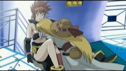 Rule 34 | 00s, 2girls, :o, anime screenshot, ankle boots, armor, belt, belt pouch, between thighs, blonde hair, boots, bracer, breasts, brown hair, bullet, clothes pull, covering privates, covering breasts, dress, elbow gloves, gloves, grenadier (manga), hat, unworn hat, unworn headwear, large breasts, leaning forward, legs, letterboxed, long hair, lowres, multiple girls, oomido setsuna, oomidou setsuna, pouch, railing, red hair, ribbon, sash, screencap, shirt, shirt pull, short hair, side slit, sitting, skirt, spiked hair, straw hat, surprised, tendou rushuna, topless, very long hair