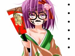 Rule 34 | ..., 1girl, bad id, bad pixiv id, bare shoulders, blush, breasts, cleavage, collarbone, drawing on another&#039;s face, female focus, flower, hagoita, hair ornament, hanetsuki, hieda no akyuu, japanese clothes, new year, off shoulder, open mouth, paddle, purple eyes, purple hair, ribbon, short hair, simple background, solo, tiger, touhou, tsuzuri (tuzuri)