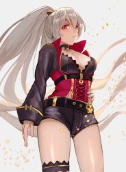 Rule 34 | 1girl, alternate breast size, asymmetrical legwear, azur lane, black shorts, breasts, cleavage, corset, earrings, floating hair, gomashiwo o, grey background, hair between eyes, hair ornament, hand on own hip, highres, jean bart (azur lane), jewelry, large breasts, long hair, long sleeves, looking at viewer, ponytail, red eyes, short shorts, shorts, silver hair, simple background, solo, standing, striped clothes, striped thighhighs, thighhighs, thighs, uneven legwear, vertical-striped clothes, vertical-striped thighhighs, very long hair