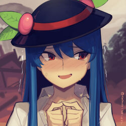 Rule 34 | 1girl, blue hair, blush, boa (brianoa), food, fruit, fruit hat ornament, hair ornament, hat, highres, hinanawi tenshi, leaf, leaf hair ornament, long hair, nervous, nervous smile, peach, peach hat ornament, portrait, red eyes, scared, smile, solo, touhou, trembling, twitter, username