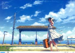 Rule 34 | 1girl, absurdres, armpits, blue eyes, blue hair, braid, bus stop, cloud, day, dress, flower, gate, hand on headwear, hat, hat flower, highres, hisakata souji, holding, huge filesize, matching hair/eyes, ocean, original, real world location, ribbon, scan, scenery, sky, solo, suitcase, sun hat, sundress, traffic mirror, train station, translation request, twin braids, utility pole, white dress, wind