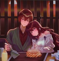 Rule 34 | 1boy, 1girl, a-chan senpai, bare shoulders, blue eyes, blush, bottle, bow, brown eyes, brown hair, cardigan, casual, closed mouth, commentary request, couple, drunk, eyes visible through hair, food, green cardigan, hair between eyes, hair bow, half-closed eyes, hand on another&#039;s shoulder, head on another&#039;s shoulder, hetero, hug, indoors, little busters!, long hair, miiizuno lbs, natsume kyousuke, off-shoulder sweater, off shoulder, okonomiyaki, red shirt, sake bottle, shirt, short hair, side-by-side, sitting, sleeves past wrists, sweater, upper body, very long hair, wavy hair, white bow, white sweater