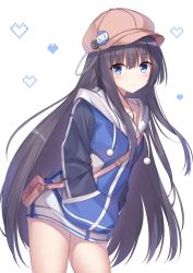 Rule 34 | 1girl, azur lane, badge, bag, blue eyes, blush, brown hair, brown hat, button badge, cabbie hat, chain, closed mouth, commentary request, hair between eyes, hands in pocket, hat, head tilt, heart, heart background, highres, leaning forward, long hair, long island (azur lane), shoulder bag, simple background, solo, standing, t@ke-g, very long hair, white background