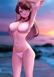 Rule 34 | 1girl, absurdres, armpits, beach, bikini, blush, brave witches, breasts, brown eyes, brown hair, cleavage, hair ribbon, highres, karibuchi takami, kuroniko, large breasts, long hair, looking at viewer, navel, ocean, one eye closed, open mouth, outdoors, presenting armpit, ribbon, side-tie bikini bottom, sky, solo, swimsuit, white bikini, world witches series