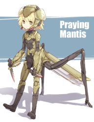 Rule 34 | 1girl, armor, bionekojita, black footwear, black gloves, blonde hair, bodysuit, boots, dual wielding, expressionless, gloves, green eyes, helmet, highres, holding, holding knife, arthropod girl, insect wings, knife, looking at viewer, original, personification, praying mantis, solo, standing, wings
