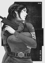Rule 34 | 1girl, ada wong, bandaged arm, bandages, belt, belt buckle, blood, bloody bandages, breast suppress, breasts, bruise, bruise on face, buckle, bullet, character name, commentary, dress, english commentary, facing viewer, finger on trigger, greyscale, gun, highres, holding, holding gun, holding weapon, holster, injury, jhony caballero, lips, looking to the side, mac-10/11, medium breasts, monochrome, resident evil, resident evil 6, short hair, shoulder holster, solo, submachine gun, sweater, sweater dress, turtleneck, turtleneck dress, weapon