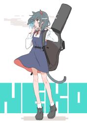 Rule 34 | 1girl, animal ears, bare legs, belt, black footwear, blue dress, blue eyes, cat ears, cat girl, cat tail, commentary, dress, earrings, full body, grey hair, guitar case, highres, instrument case, instrument on back, jewelry, long sleeves, looking away, looking to the side, musshu (omu001), neck ribbon, original, pinafore dress, red ribbon, red skirt, ribbon, ring, shirt, short hair, simple background, skirt, sleeveless dress, smoke, smoking, solo, standing, standing on one leg, stud earrings, tail, two-sided fabric, two-sided skirt, white background, white shirt, wind, wind lift