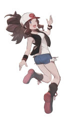 Rule 34 | 1girl, ;d, absurdres, baseball cap, black vest, black wristband, boots, breasts, brown footwear, brown hair, commentary request, creatures (company), full body, game freak, grey eyes, hand up, hat, highres, hilda (pokemon), long hair, looking at viewer, nintendo, odd (hin yari), one eye closed, open mouth, pokemon, pokemon bw, shirt, short shorts, shorts, sidelocks, simple background, smile, solo, teeth, tongue, vest, white background, white shirt