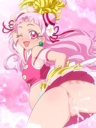 Rule 34 | 1girl, aftersex, ass, cowboy shot, cum, cum in pussy, cure yell, hugtto! precure, long hair, looking at viewer, miniskirt, mushiro (nijie728995), navel, no panties, one eye closed, pink eyes, pink hair, pom pom (cheerleading), precure, pregnant, shirt, skirt, sleeveless, sleeveless shirt, smile, solo, thigh gap, thighhighs, white thighhighs, yellow pom poms
