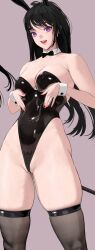 Rule 34 | 1girl, animal ears, bare shoulders, black bow, black bowtie, black hair, black leotard, black thighhighs, bow, bowtie, breasts, cleavage, covering crotch, covering privates, detached collar, gluteal fold, grey background, groin, highleg, highleg leotard, highres, hyulla, large breasts, leotard, long hair, nail polish, open mouth, original, playboy bunny, purple eyes, pussy, pussy peek, rabbit ears, simple background, smile, strapless, strapless leotard, thighhighs, traditional bowtie, white wrist cuffs, wrist cuffs