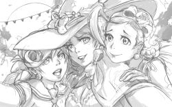 Rule 34 | 3girls, ahoge, alan wansom, bliss barson, breasts, capelet, cleavage, cryamore, deseret amoir, greyscale, halloween, halloween costume, hat, leaf, lipstick, makeup, mole, monochrome, moon, multiple girls, reaching, reaching towards viewer, sailor collar, selfie, sketch, smile, sorbet la carelle, witch hat