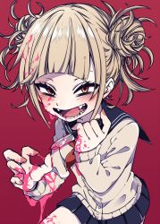 Rule 34 | 1girl, blonde hair, blood, blood in hair, blood in mouth, blood on face, blood on hands, bloody weapon, blue skirt, blunt bangs, blush, boku no hero academia, breasts, cardigan, commentary request, cowboy shot, double bun, fangs, hair bun, highres, holding, holding knife, knife, long sleeves, looking at viewer, messy hair, morino (ktdk 0141), open mouth, pink blood, pleated skirt, red background, sailor collar, school uniform, serafuku, short hair, simple background, skirt, smile, solo, teeth, toga himiko, weapon, yellow eyes