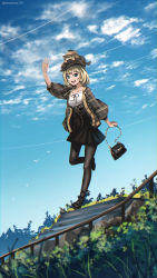Rule 34 | 1girl, absurdres, advarcher, bag, bird, blonde hair, blue eyes, blue sky, breasts, bubba (watson amelia), cloud, collarbone, contrail, dutch angle, grass, handbag, hat, highres, hololive, hololive english, looking at viewer, medium breasts, outdoors, pantyhose, sky, smile, virtual youtuber, walking, watson amelia, waving