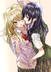 Rule 34 | 2girls, against wall, aihara mei, aihara yuzu, arm up, blonde hair, blue hair, blush, bra, citrus (saburouta), clothes pull, collared shirt, fingering, fujisaki ribbon, green eyes, half-closed eyes, hand in panties, highres, inseki, licking, licking another&#039;s face, multiple girls, panties, plaid, plaid skirt, pleated skirt, purple eyes, red neckwear, school uniform, serafuku, shirt, skirt, skirt pull, standing, tongue, tongue out, twintails, unbuttoned, unbuttoned shirt, underwear, wooden floor, yuri