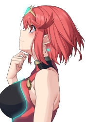 Rule 34 | 1girl, absurdres, bare shoulders, black leotard, breasts, closed mouth, commentary request, earrings, glowing, hair between eyes, hand up, headpiece, highres, jewelry, large breasts, leotard, profile, pyra (xenoblade), red eyes, red hair, red leotard, simple background, slope (check238), smile, solo, upper body, white background, xenoblade chronicles (series), xenoblade chronicles 2