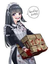 Rule 34 | 1girl, 2019, :d, absurdres, apron, black dress, black hair, blood, blood on face, blood on hands, blood splatter, box, dress, english text, engrish text, highres, holding, holding box, juliet sleeves, long hair, long sleeves, looking at viewer, maid, maid apron, maid headdress, open mouth, original, puffy sleeves, purple eyes, ranguage, simple background, smile, solo, taiga (ryukyu-6102-8), white apron, white background