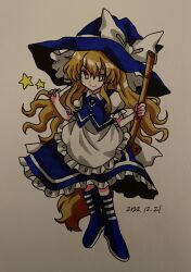 Rule 34 | 1girl, apron, blonde hair, blue footwear, blue hat, blue skirt, blue vest, boots, bow, broom, closed mouth, dated, full body, furiba 794, hat, hat bow, highres, holding, holding broom, hopeless masquerade, index finger raised, kirisame marisa, long hair, skirt, smile, solo, star (symbol), touhou, traditional media, vest, waist apron, white bow, yellow eyes